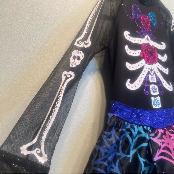 Day of the Dead Child Costume Bones Dress Black Pink Teal Halloween M (8-10) - Picture 2 of 9